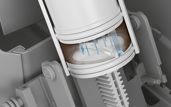 Zetgroep generatie 8 De zetgroep is het hart van elke volautomaat. Voor de Z10 heeft JURA de achtste generatie zetgroepen geconstrueerd. Met zijn unieke 3D-bereidingstechnologie zorgt deze ervoor dat op meerdere niveaus gelijkmatig water door de koffiepoeder stroomt. Hierdoor wordt het maximale uit het aroma gehaald; bij warme specialiteiten even goed als bij de Cold Brew.